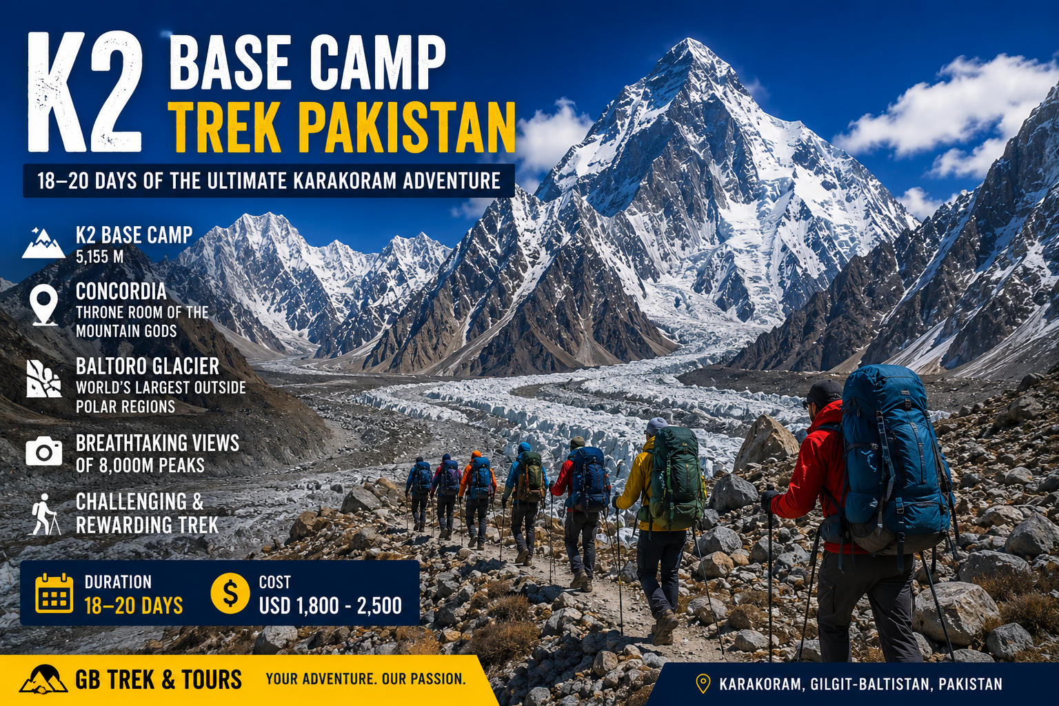 K2 Base Camp with climbers and Karakoram mountains in Pakistan