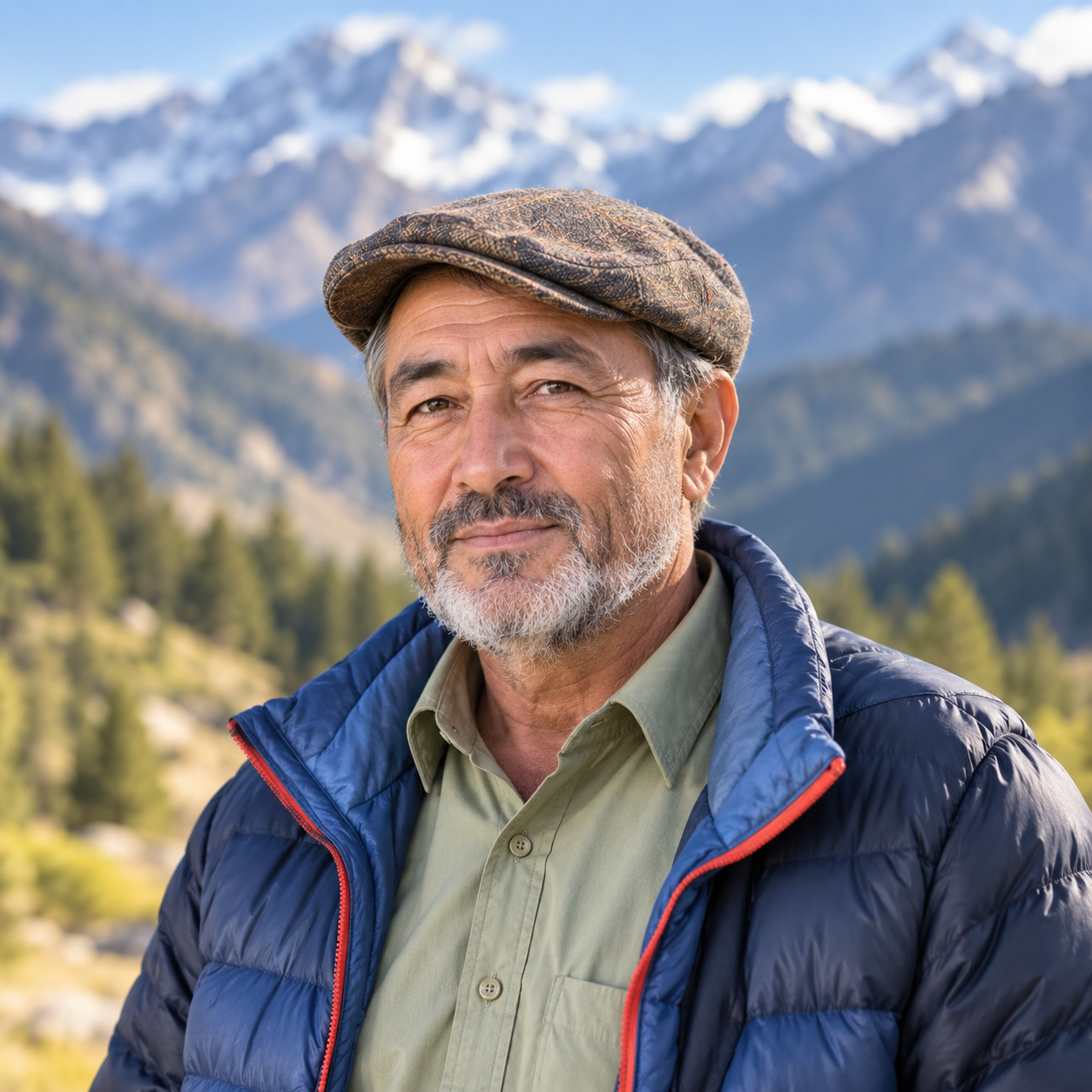 A mature man with a beard and cap stands confidently against a backdrop of mountains and trees.